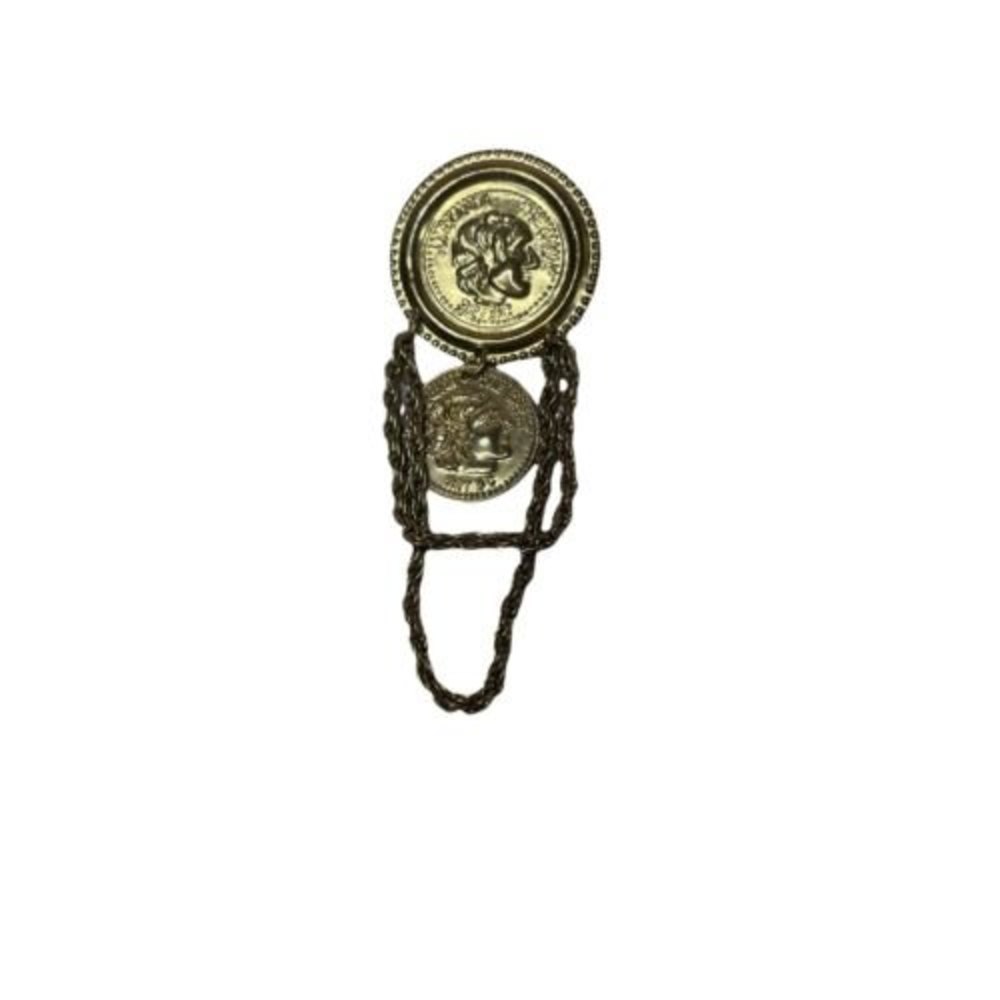 Vtg Alexander the Great Coin Badge Brooch Pin Chain Gold Tone 3.25”